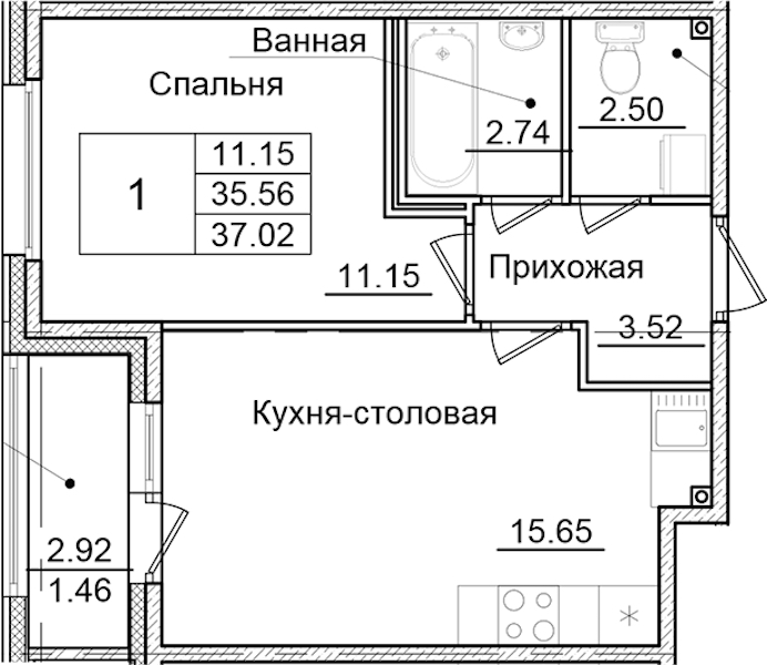 1-комнатная квартира 37.02 м², 2/9 эт., ЖК «Квартал Заречье»